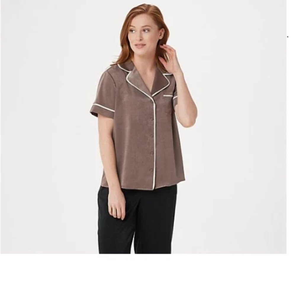 NEW AnyBody Piped Satin Pajama Top-Smokey Taupe-XS-A353764